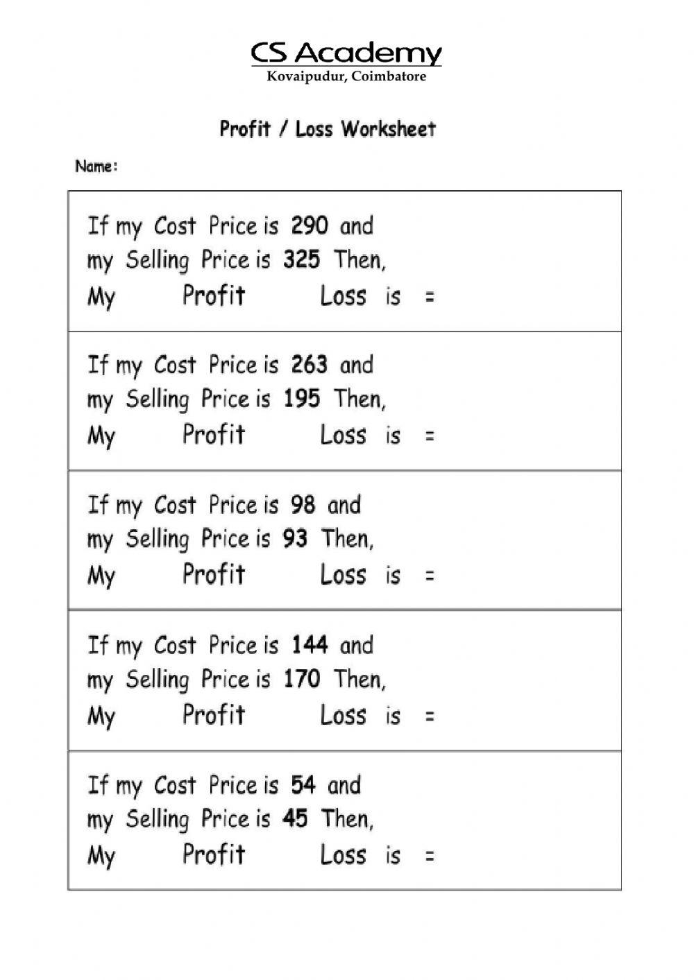 Profit And Loss Interactive Worksheet Live Worksheets Worksheets Library
