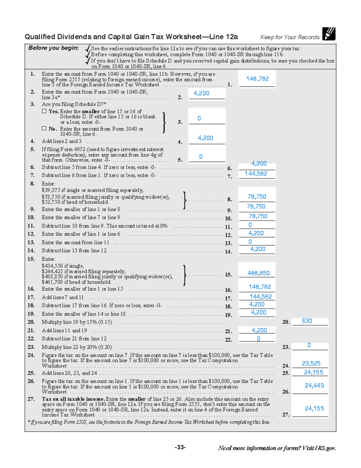 Qualified Dividends And Capital Gains Worksheet Page 33 Of 108 