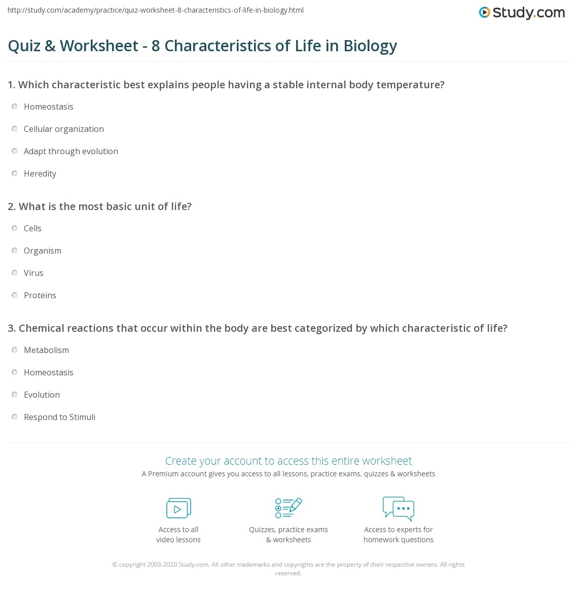 Quiz U0026 Worksheet 8 Characteristics Of Life In Biology Study