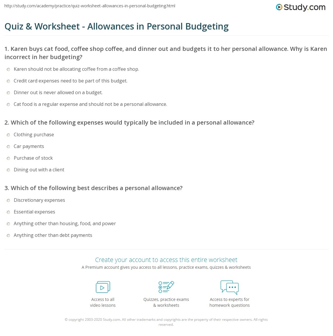 Quiz U0026 Worksheet Allowances In Personal Budgeting Study