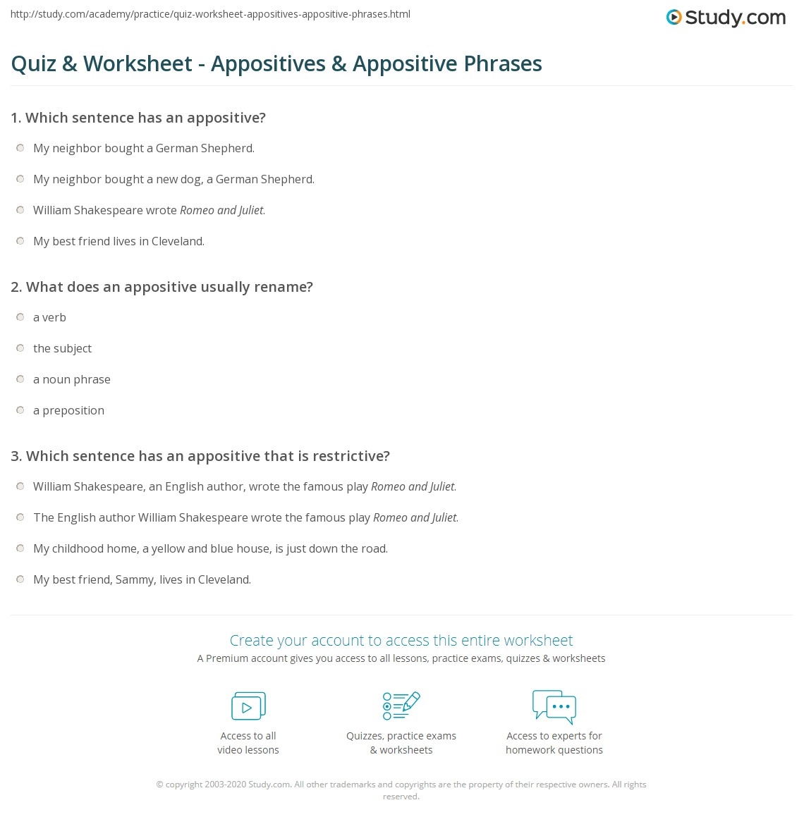 Quiz U0026 Worksheet Appositives U0026 Appositive Phrases Study