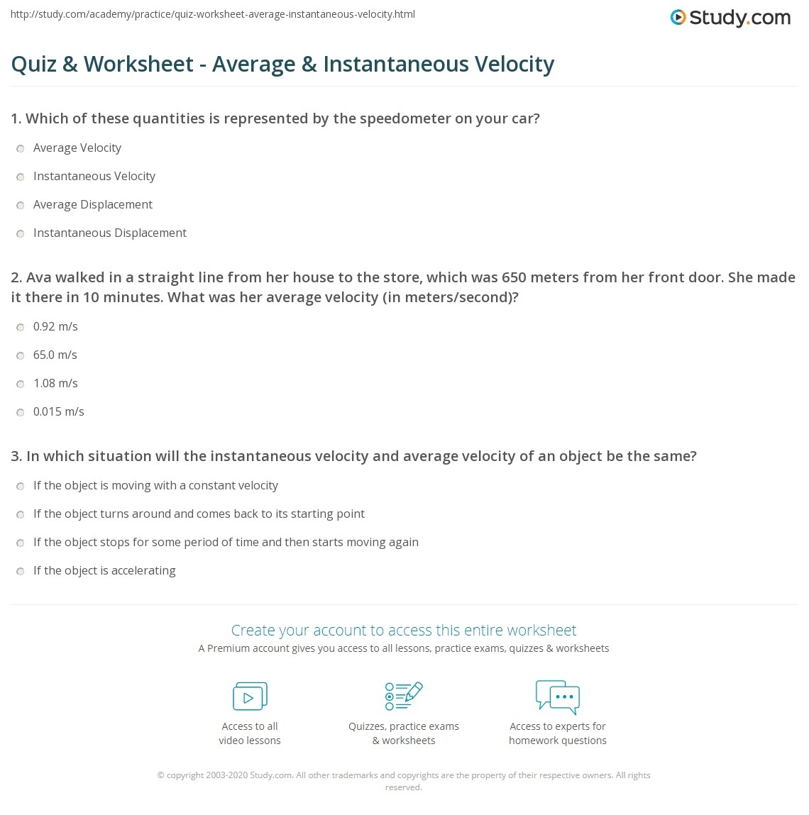 Quiz U0026 Worksheet Average U0026 Instantaneous Velocity Study