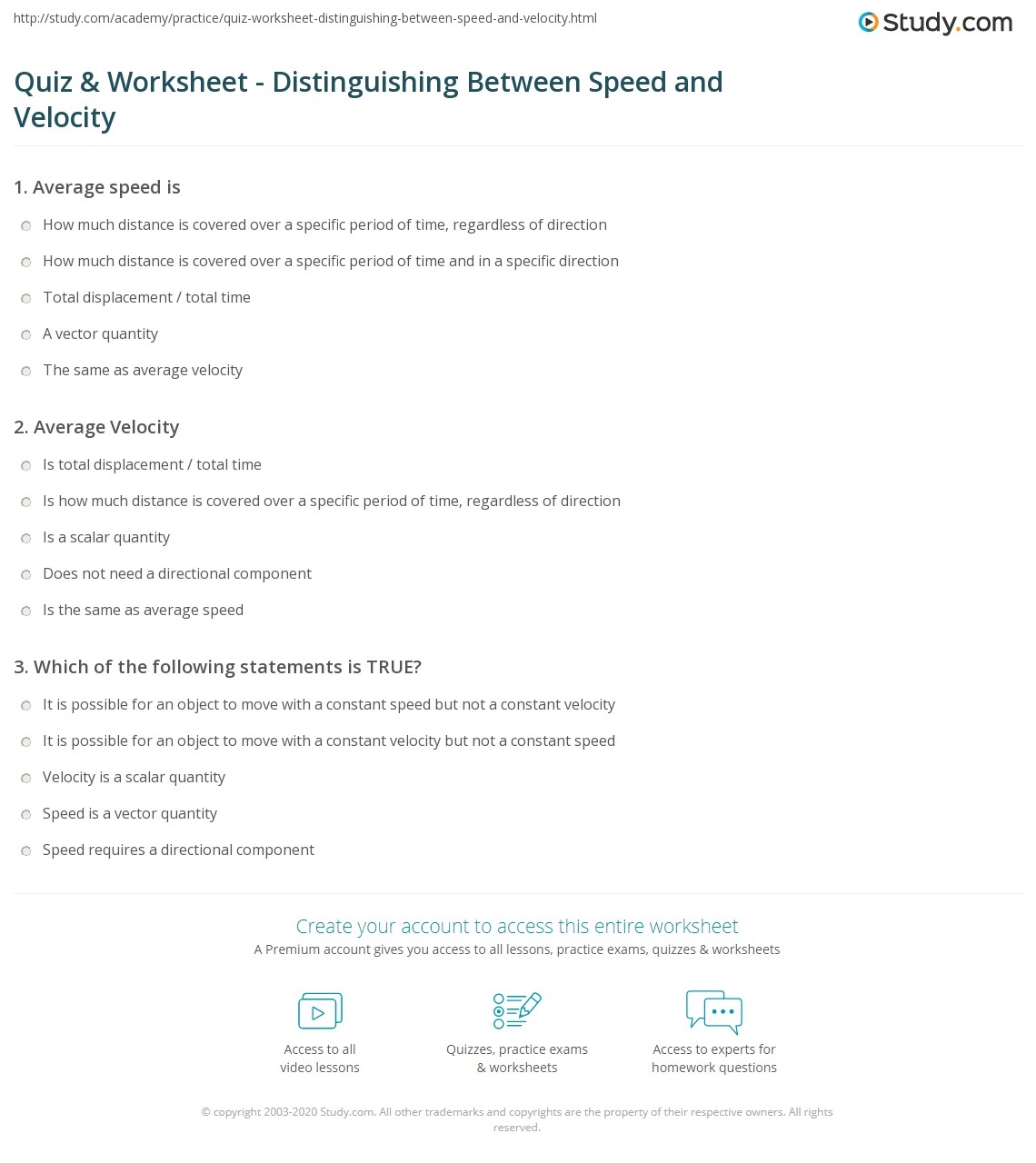 Quiz U0026 Worksheet Distinguishing Between Speed And Velocity Study