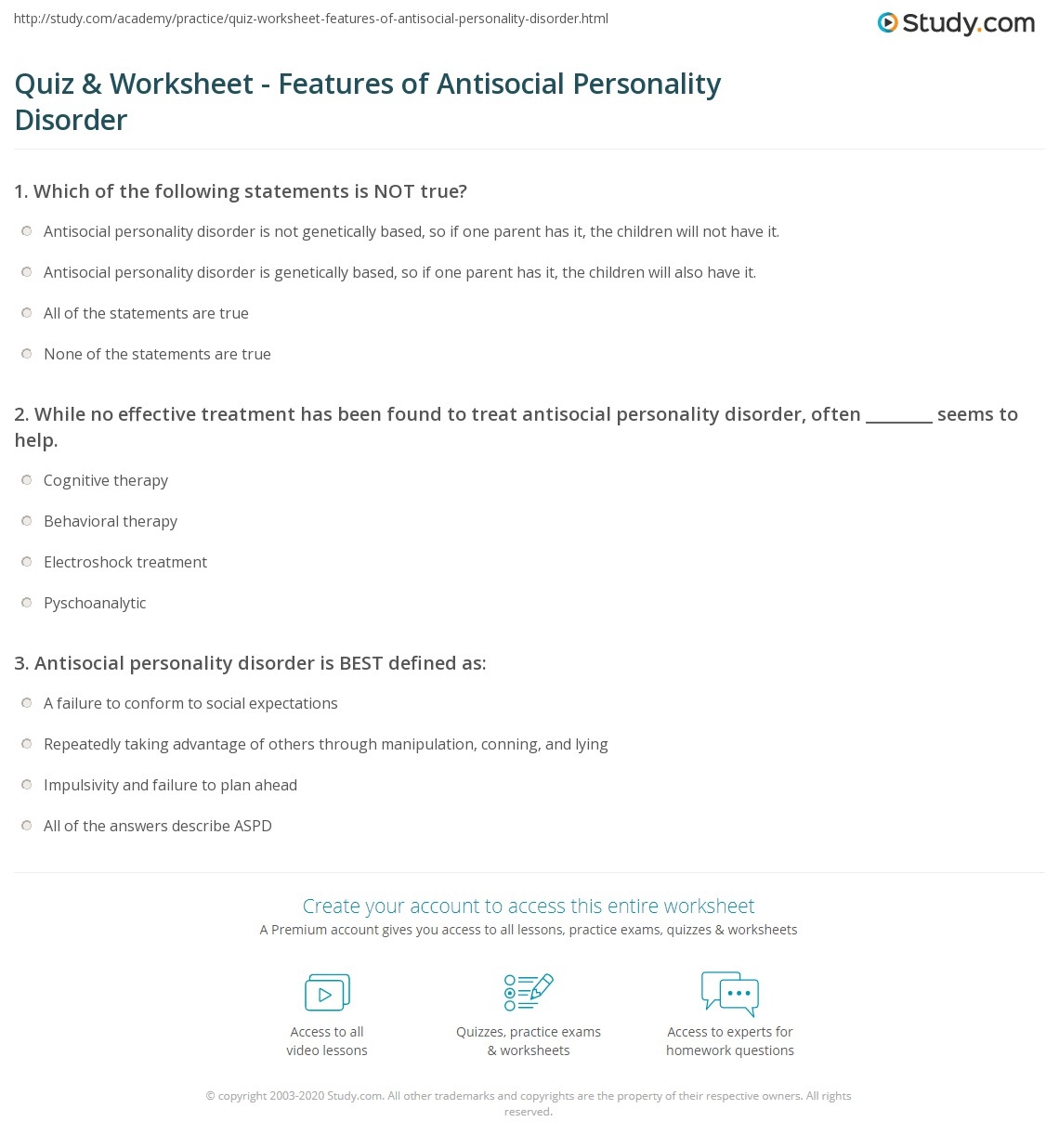Quiz U0026 Worksheet Features Of Antisocial Personality Disorder Study