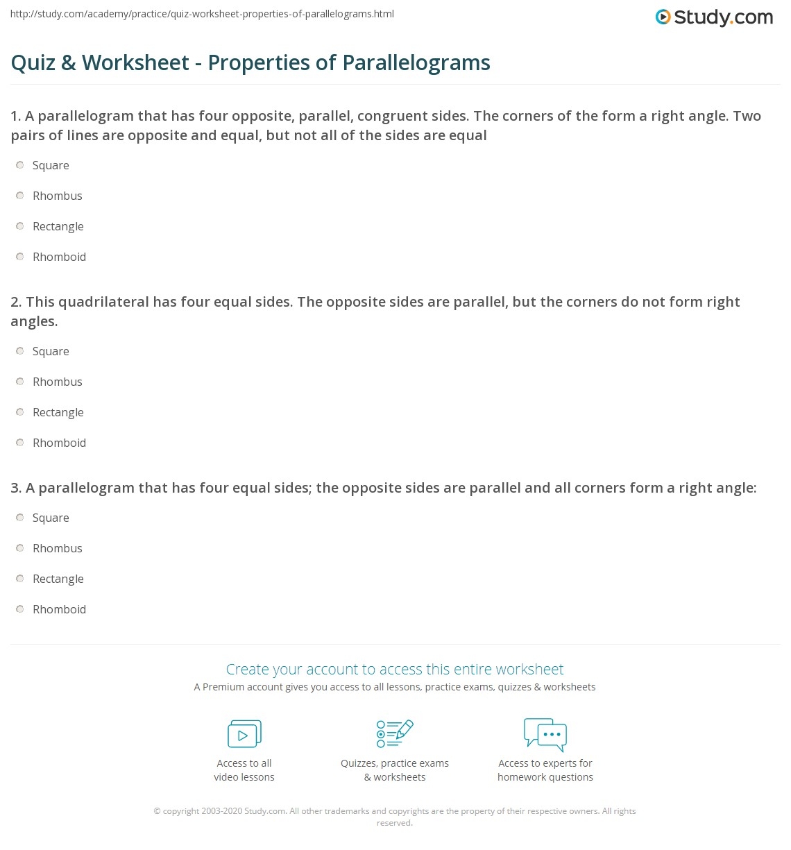 Quiz U0026 Worksheet Properties Of Parallelograms Study