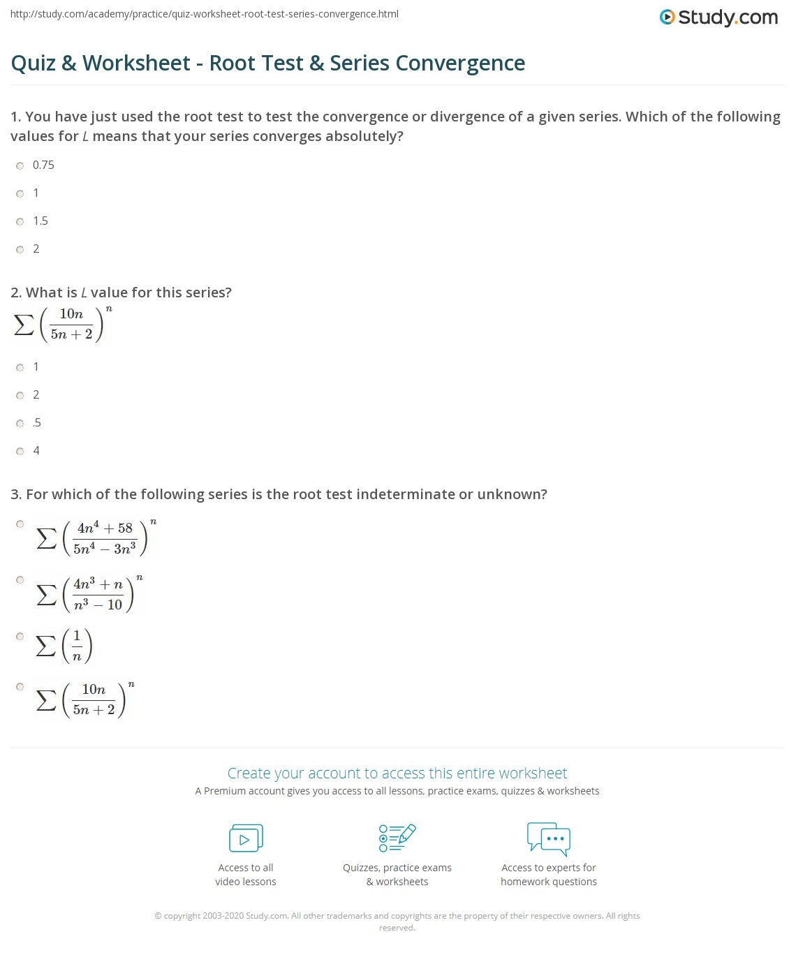 Quiz U0026 Worksheet Root Test U0026 Series Convergence Study