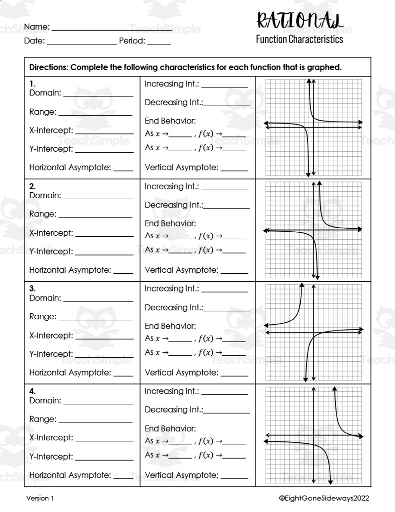 Rational Function Characteristic Worksheet