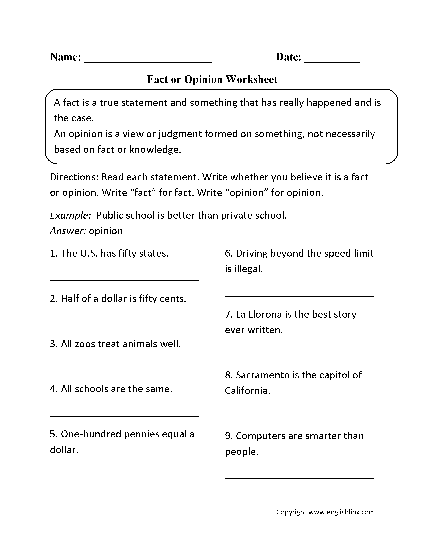 printable fact vs opinion worksheet pdf