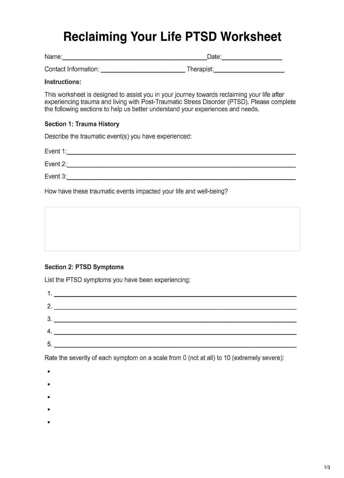 Reclaiming Your Life PTSD Worksheet U0026 Example Free PDF Download