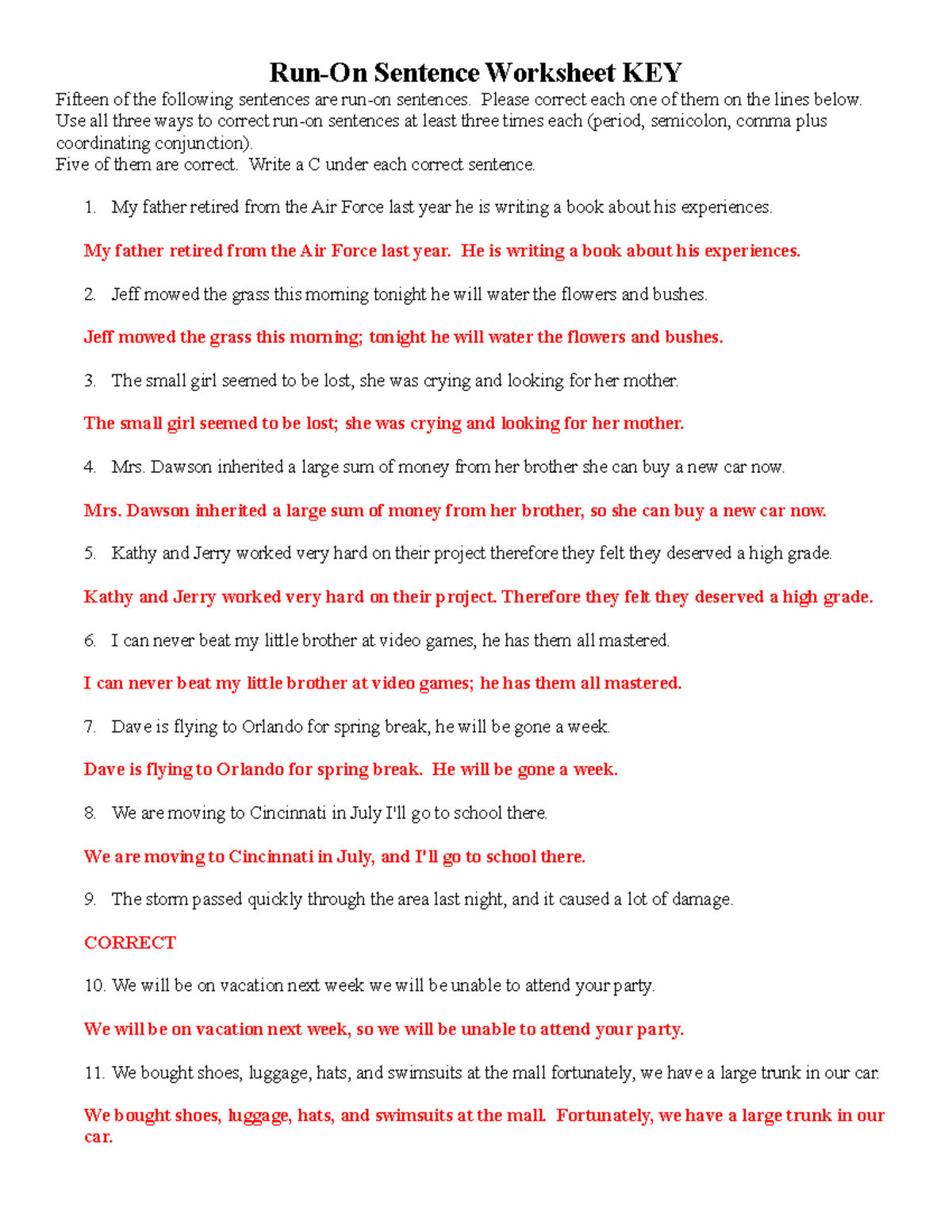 Run On Sentence Practice Key Run On Sentence Worksheet KEY 