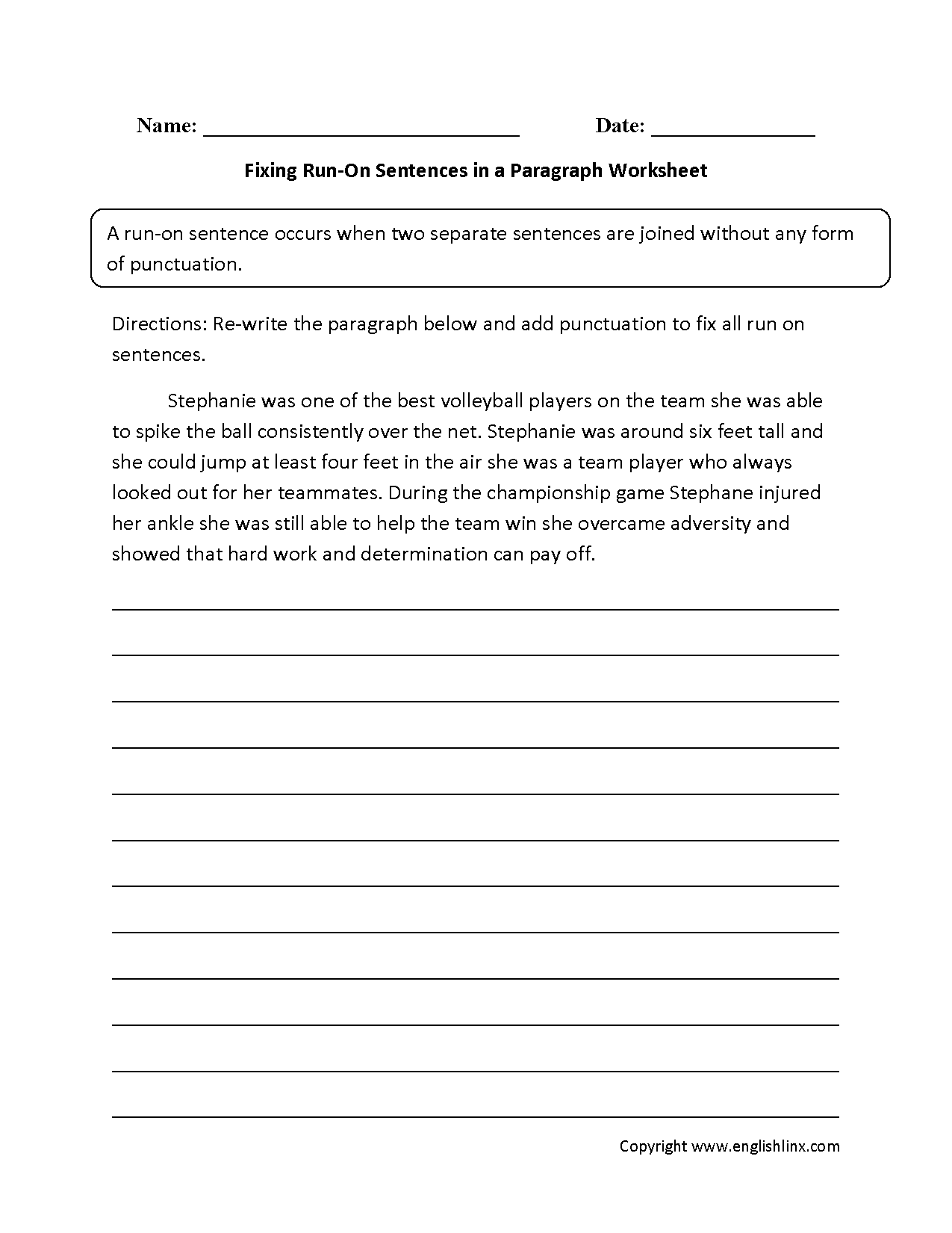 run on sentence worksheet