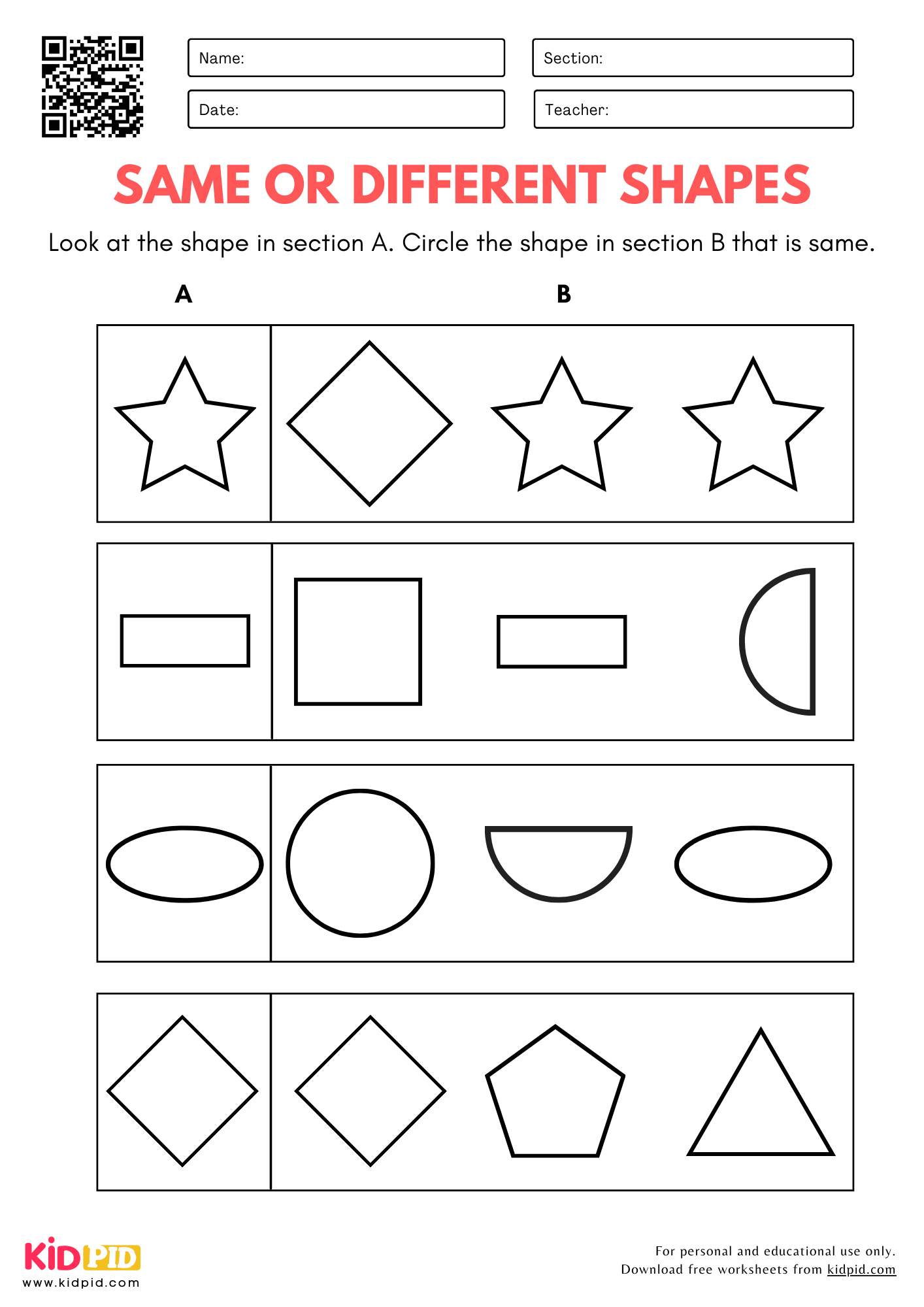Same Or Different Shapes Identification Worksheet For Kindergarten Kidpid