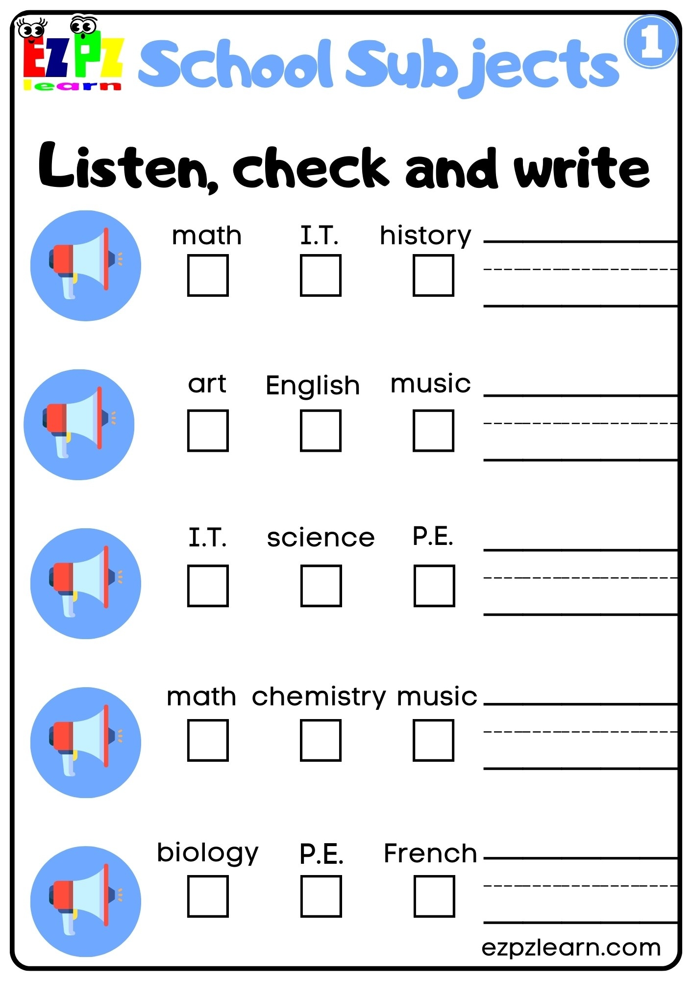 School Subjects Interactive Worksheet Listen Check And Write The 