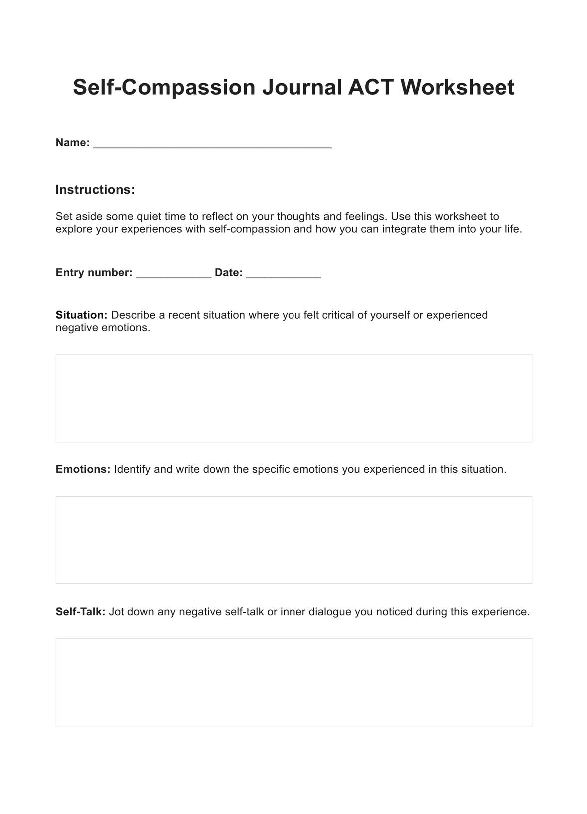 Self compassion Journal ACT Worksheet U0026 Example Free PDF Download