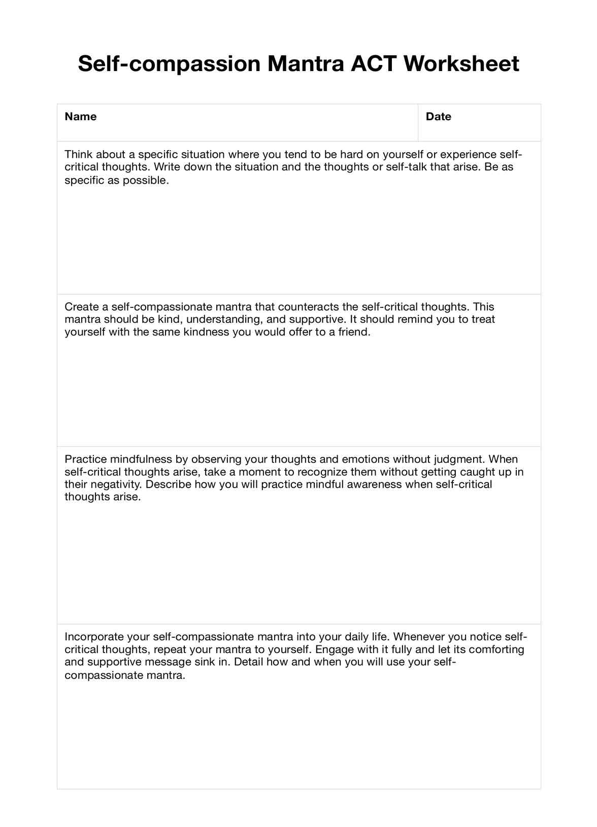 Self compassion Mantra ACT Worksheet U0026 Example Free PDF Download