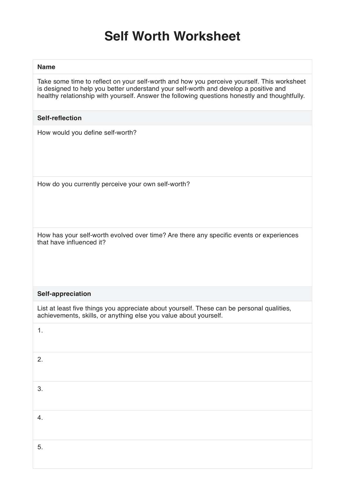 self worth worksheets pdf