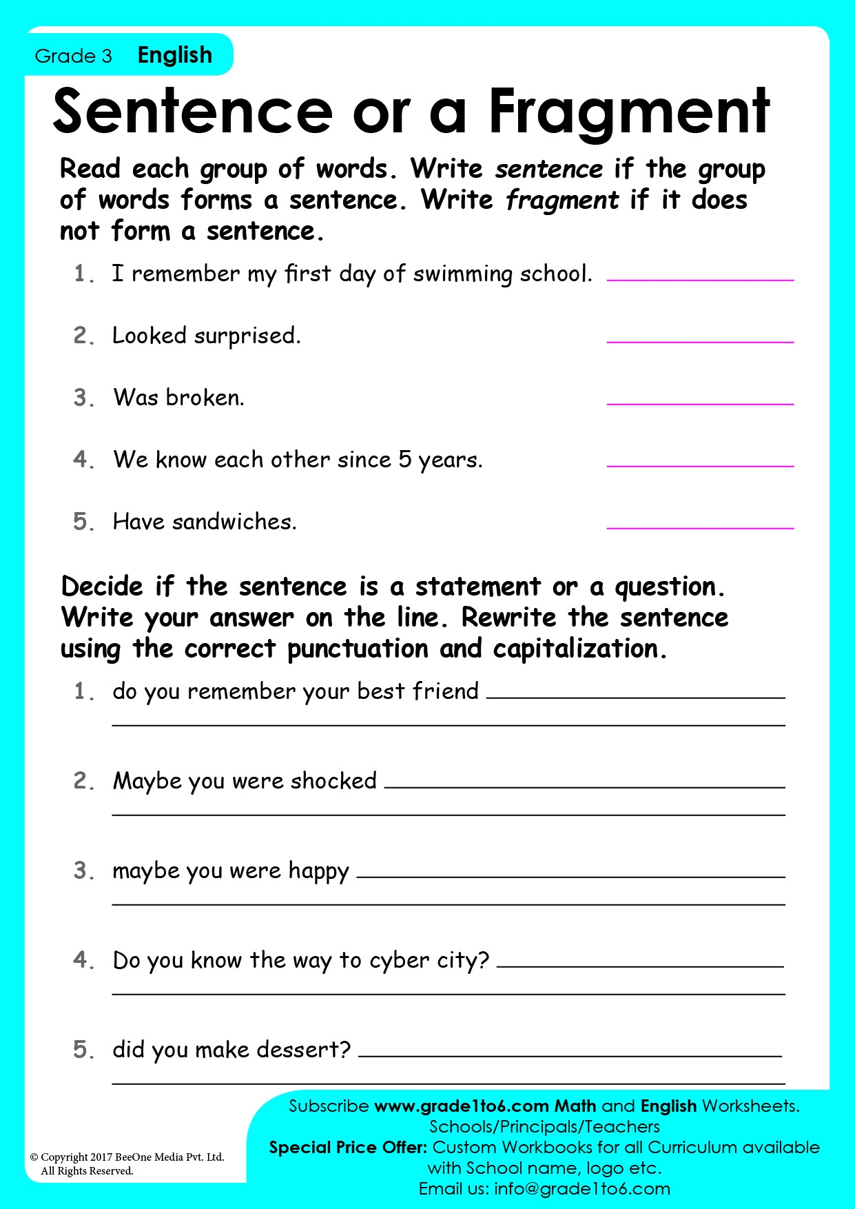 Sentences Or Fragment Worksheet Grade1to6