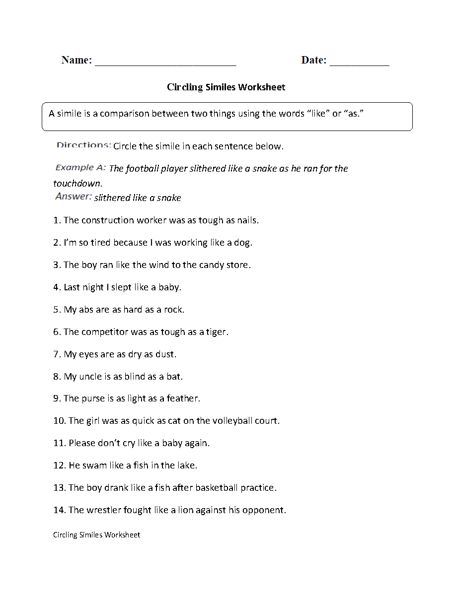 Similes Worksheets Circling Simile Worksheet