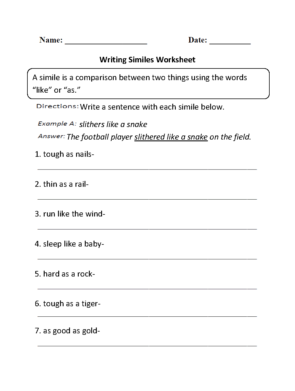 Similes Worksheets Writing Similes Worksheet