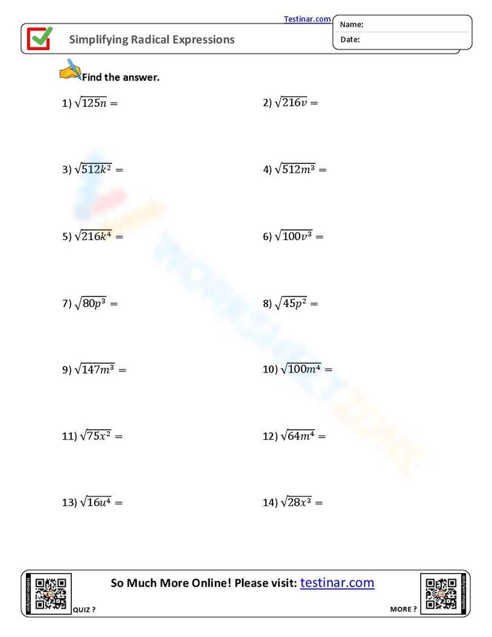 simplifying radicals worksheets