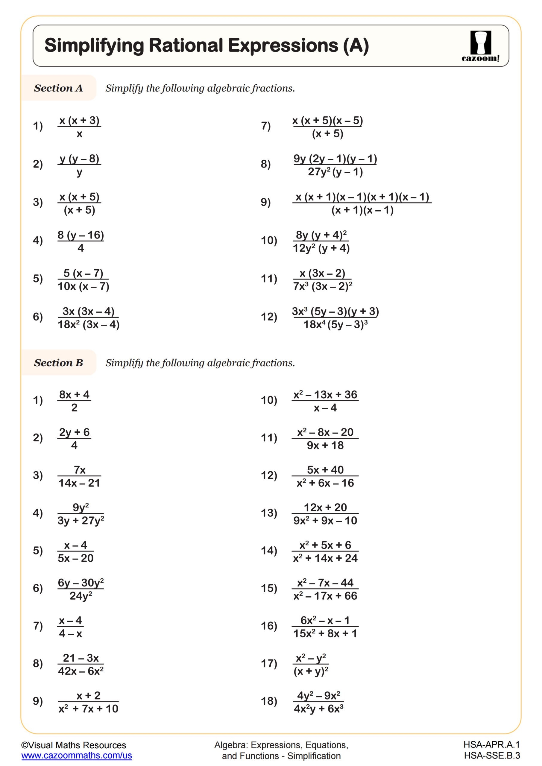 Simplifying Rational Expressions A Worksheet Algebra II PDF Worksheets