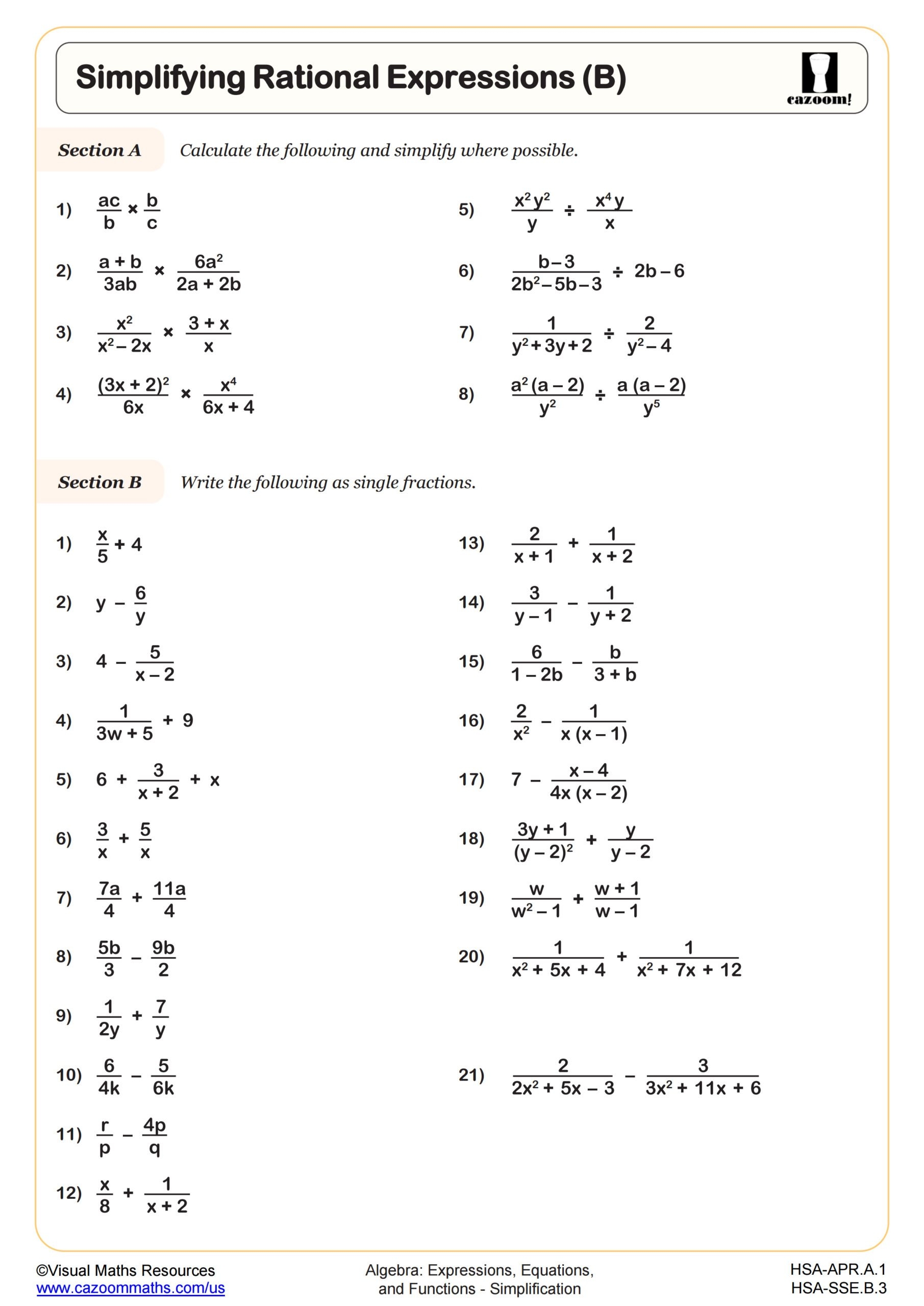 Simplifying Rational Expressions B Worksheet PDF Printable Algebra Worksheet