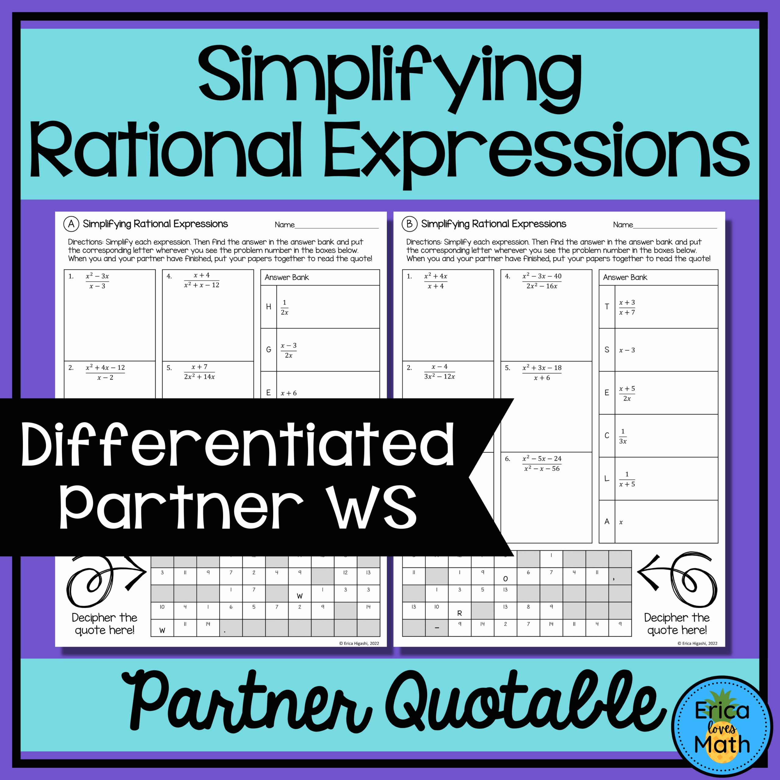 Simplifying Rational Expressions Differentiated Partner Worksheets Quotable Made By Teachers