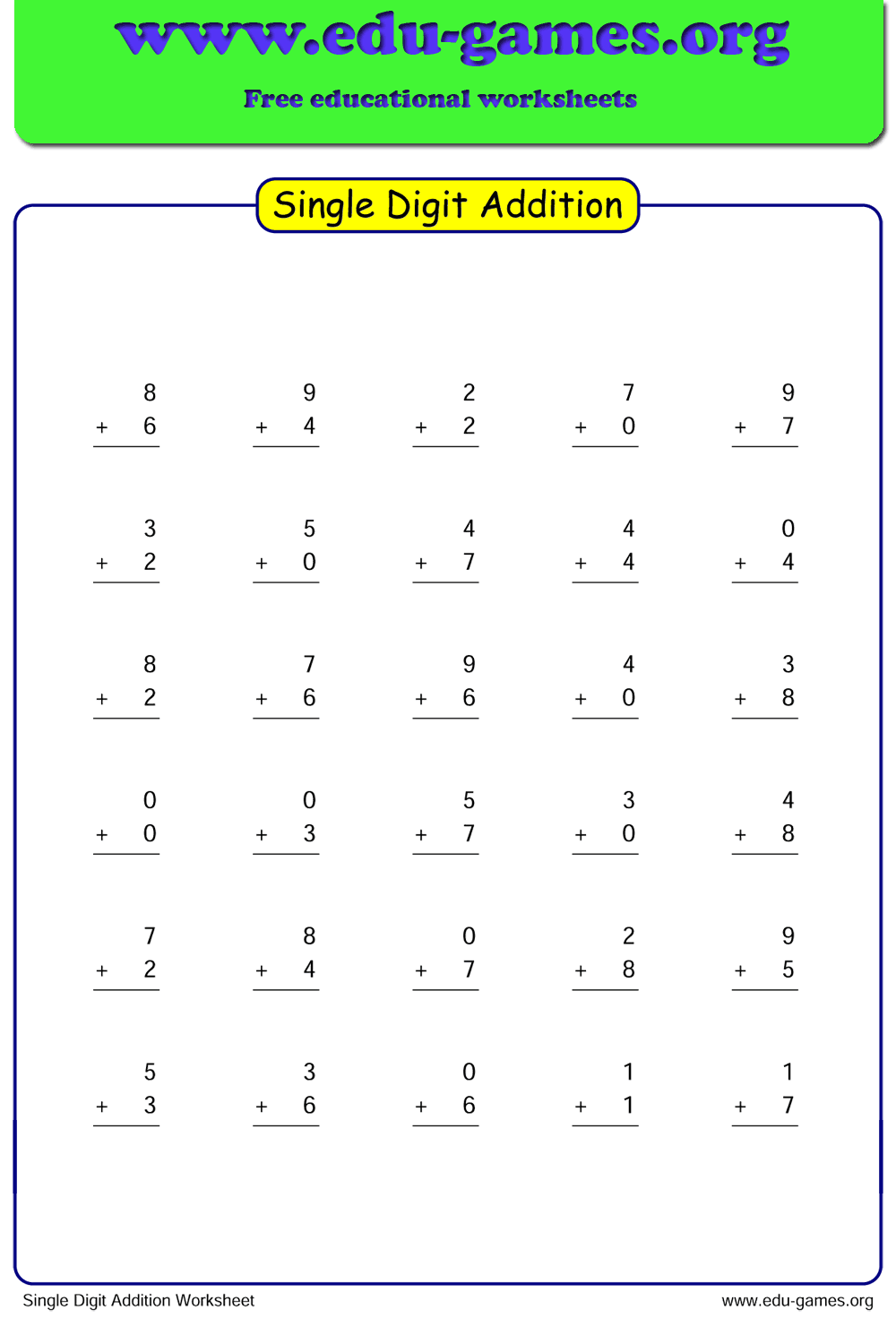 single digit addition worksheet