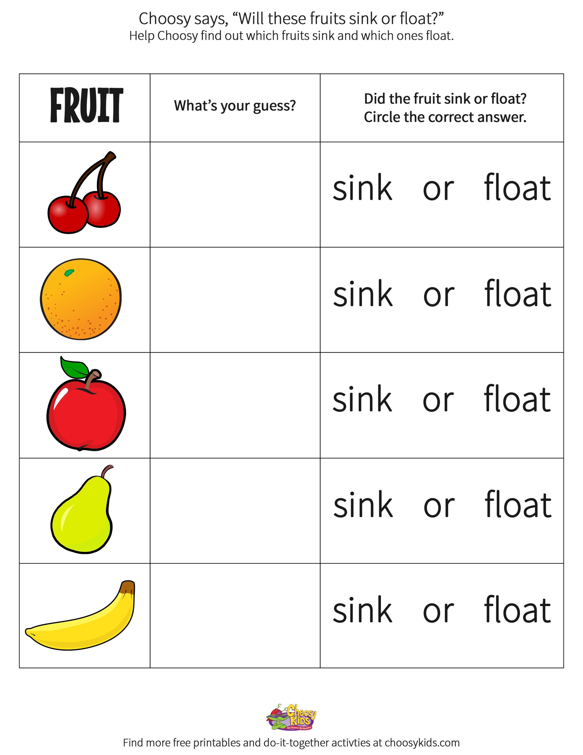 Sink Or Float Fruit Printable Choosy Kids Worksheets Library
