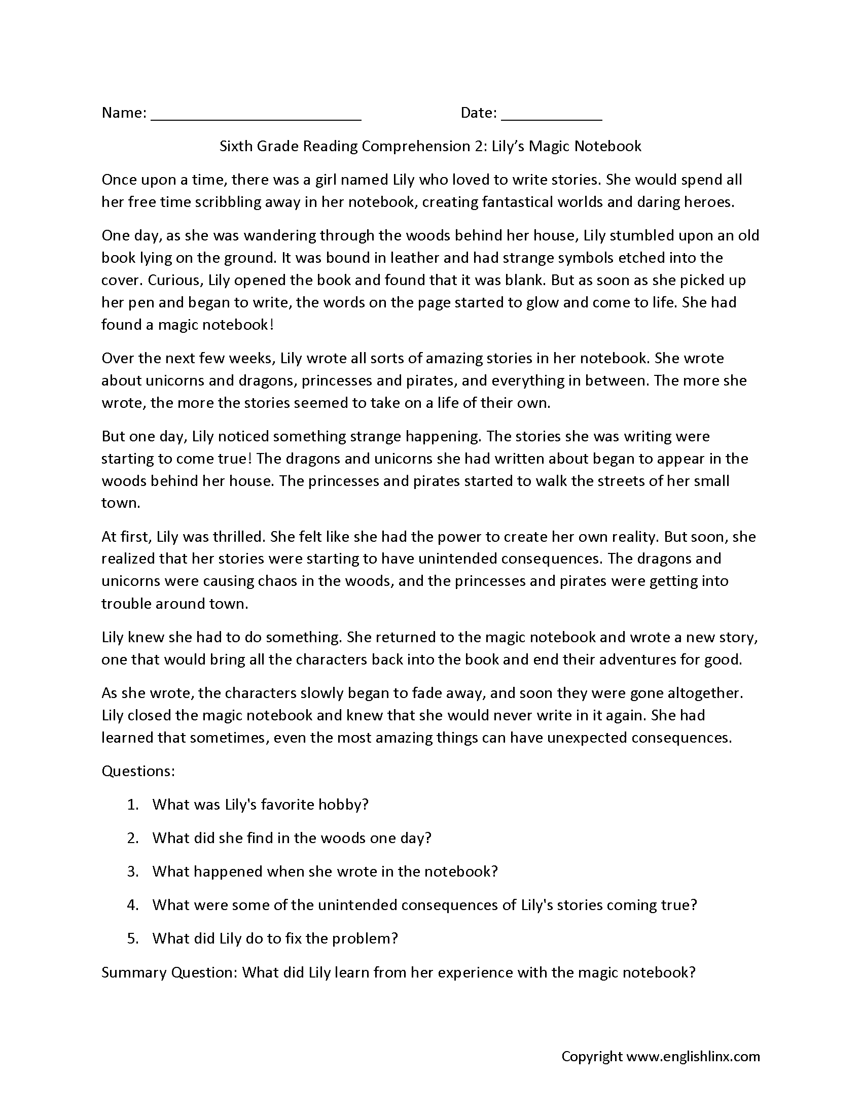 Sixth Grade Reading Comprehension Worksheets Free Printable 6th 