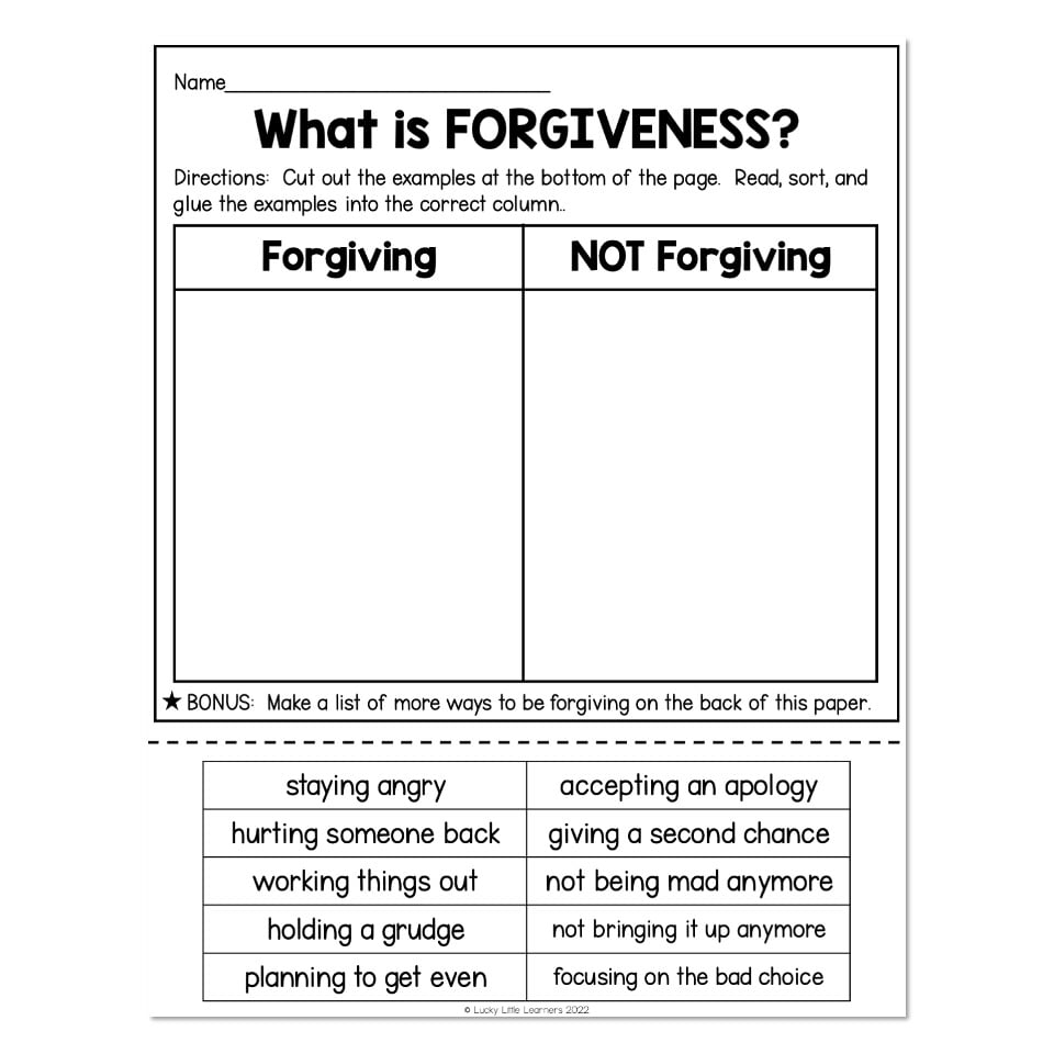 Social Emotional Learning Forgiveness Sort Lucky Little Learners Worksheets Library
