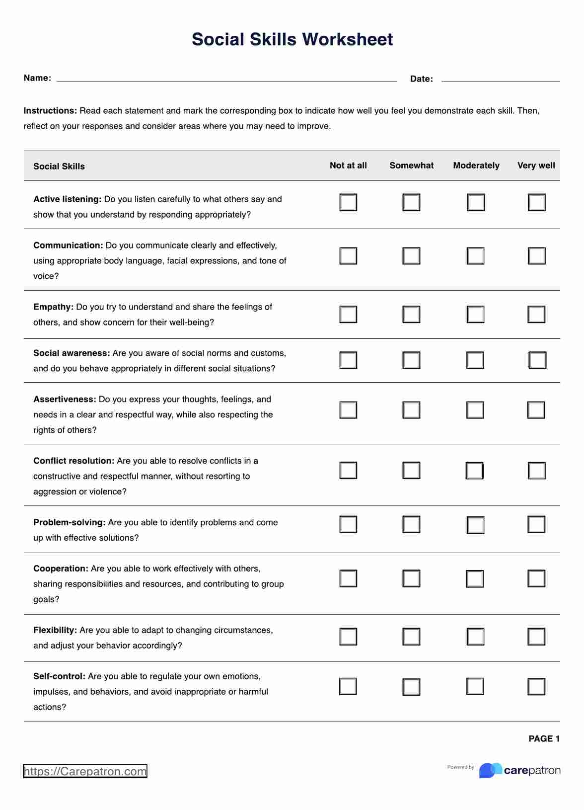 Social Skills Worksheet U0026 Example Free PDF Download