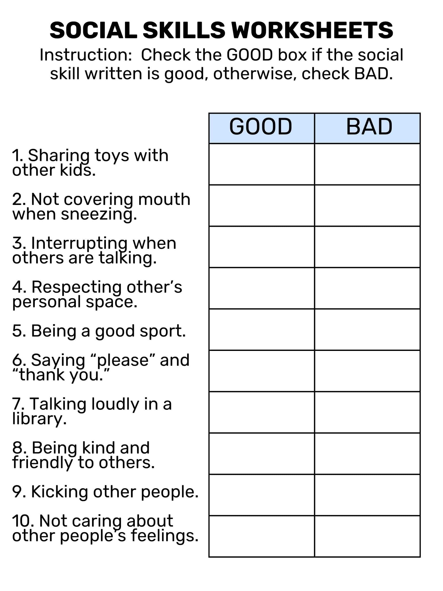 social skills worksheet