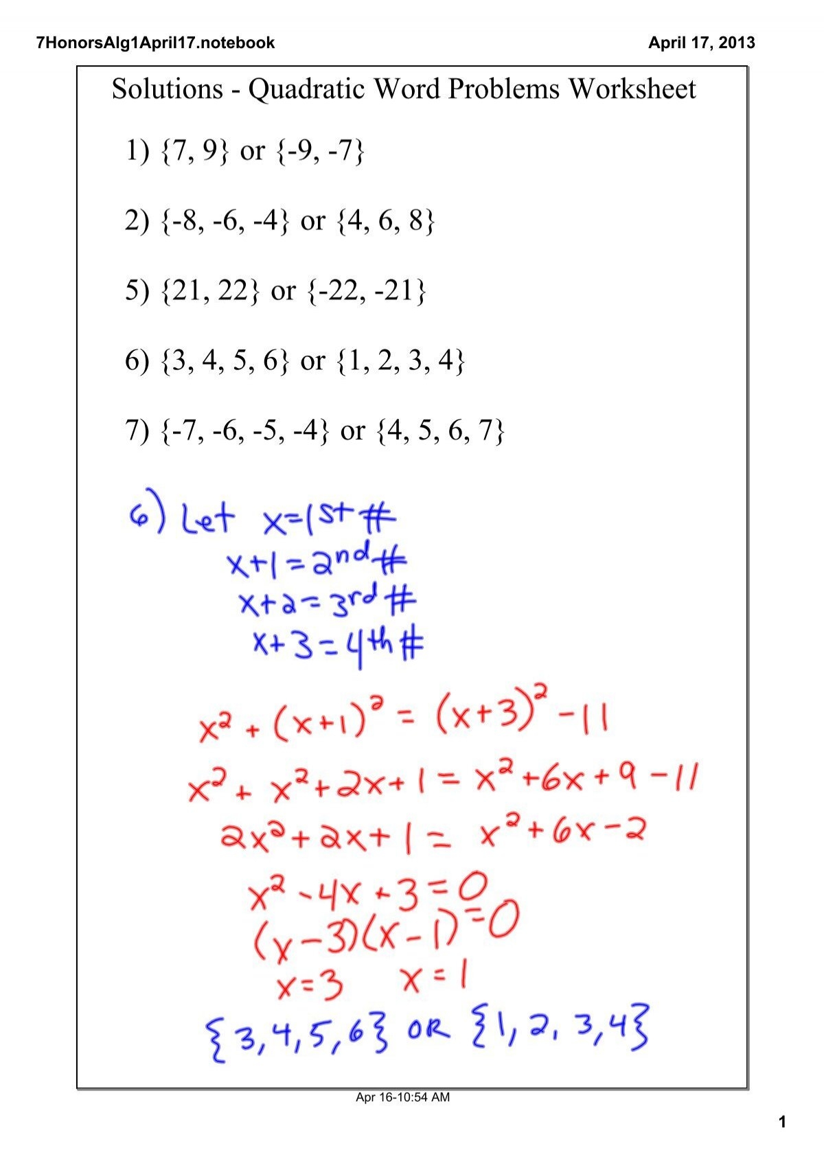 Solutions Quadratic Word Problems Worksheet 1 7 9 Or 9 7 2 