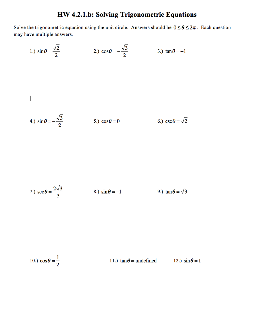 solving trig equations worksheet