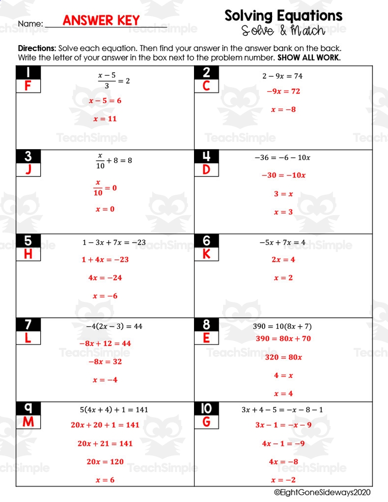 solving linear equations worksheets