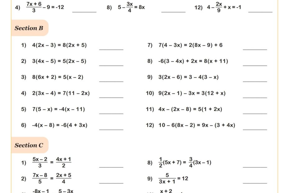 Solving Linear Equations D Worksheet PDF Printable Algebra Worksheet