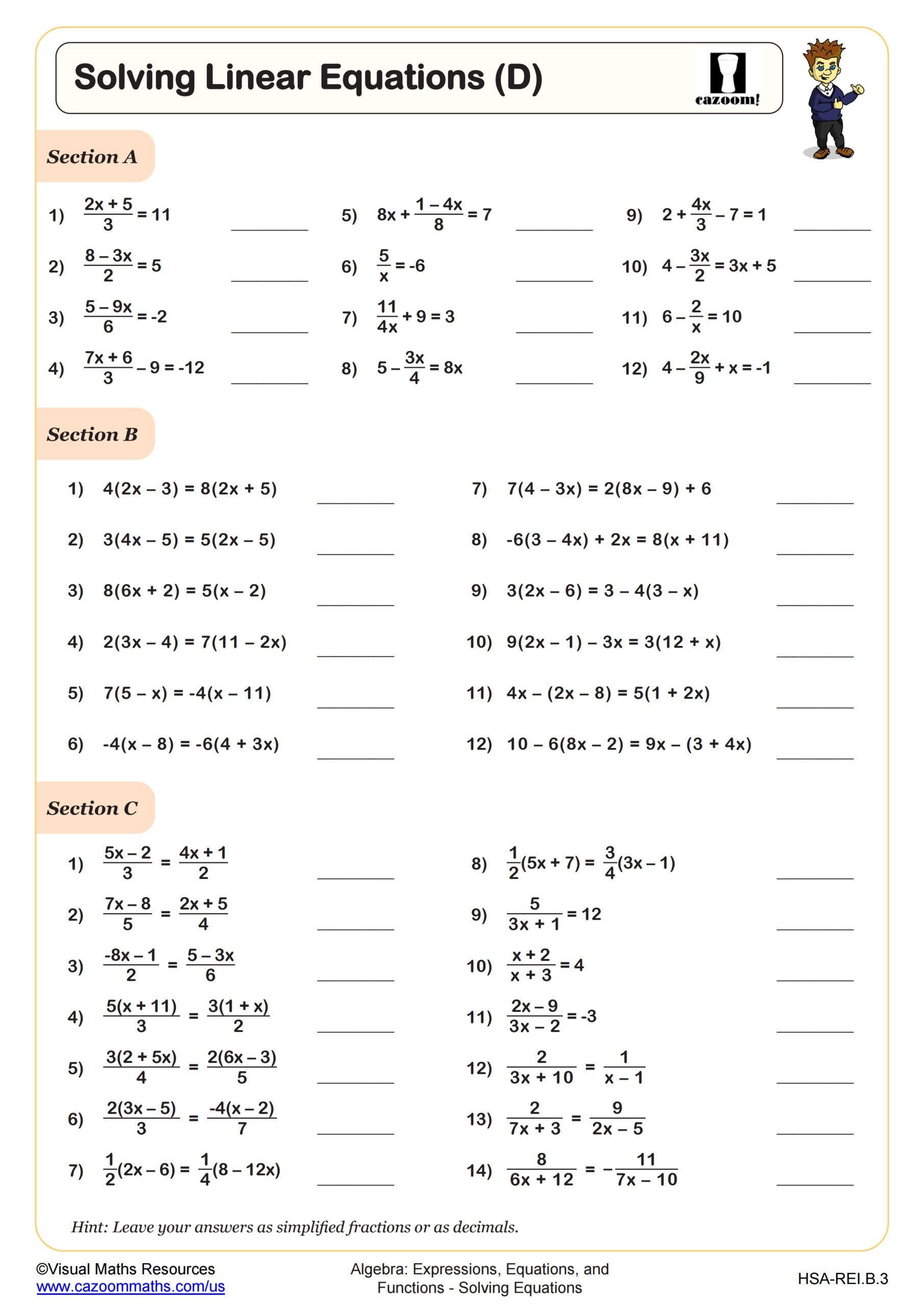 solving equations worksheets