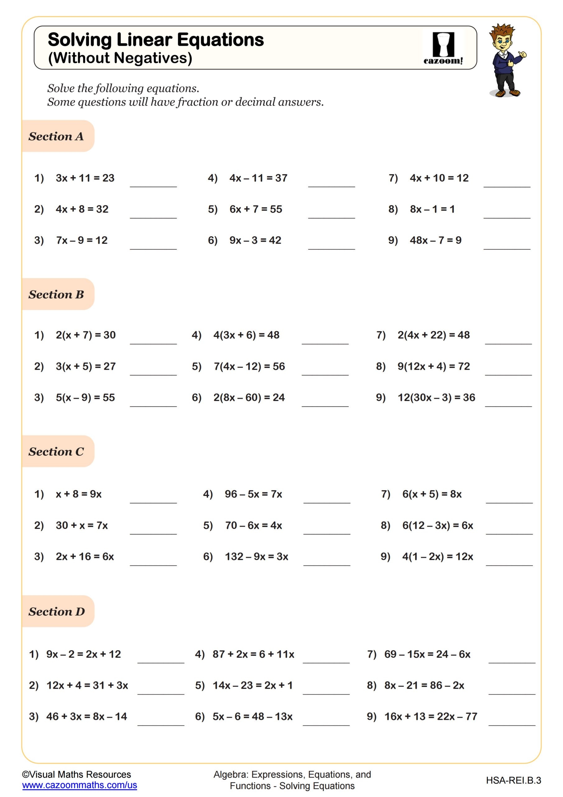 Solving Linear Equations Without Negatives Worksheet Fun And 