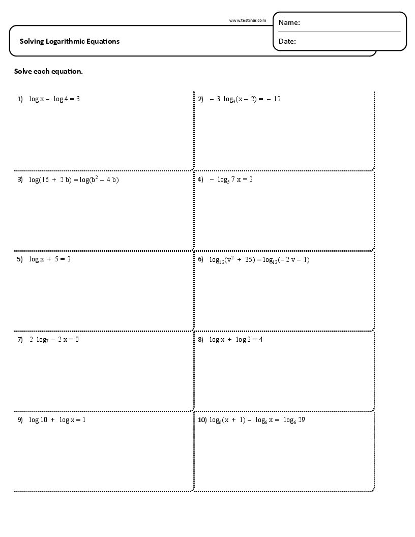 Solving Logarithmic Equations Worksheets