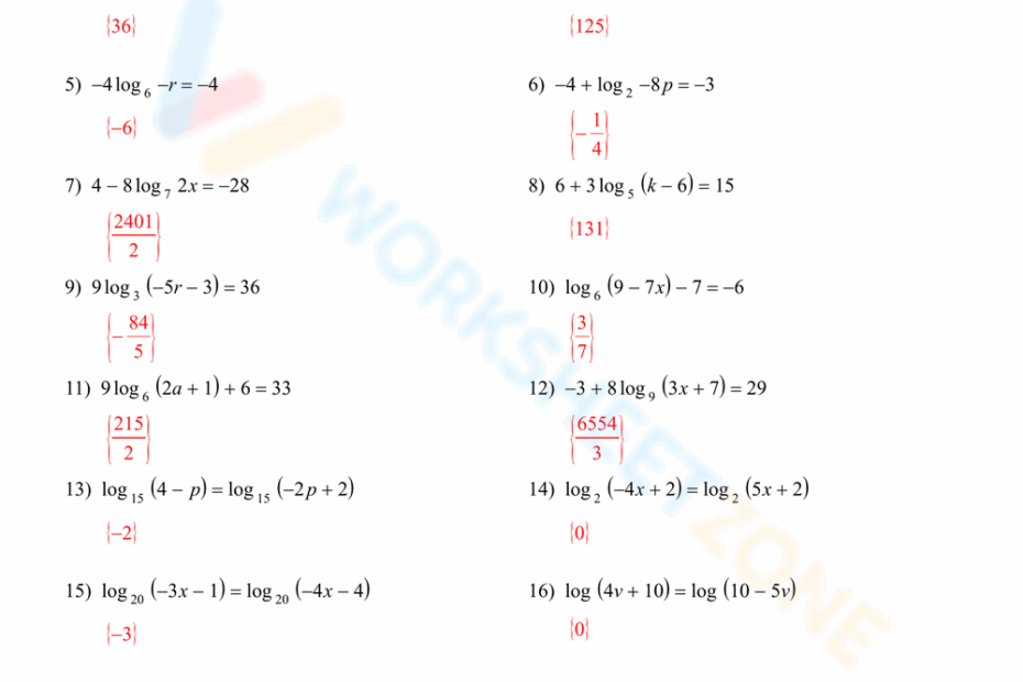 Solving Logarithmic Equations Worksheets