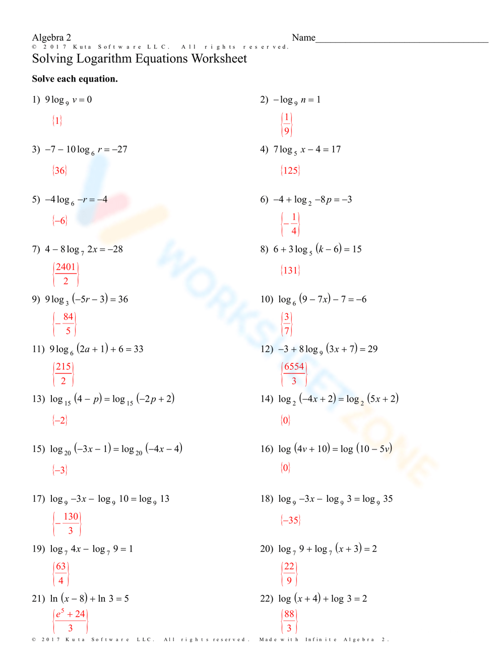 Solving Logarithmic Equations Worksheets