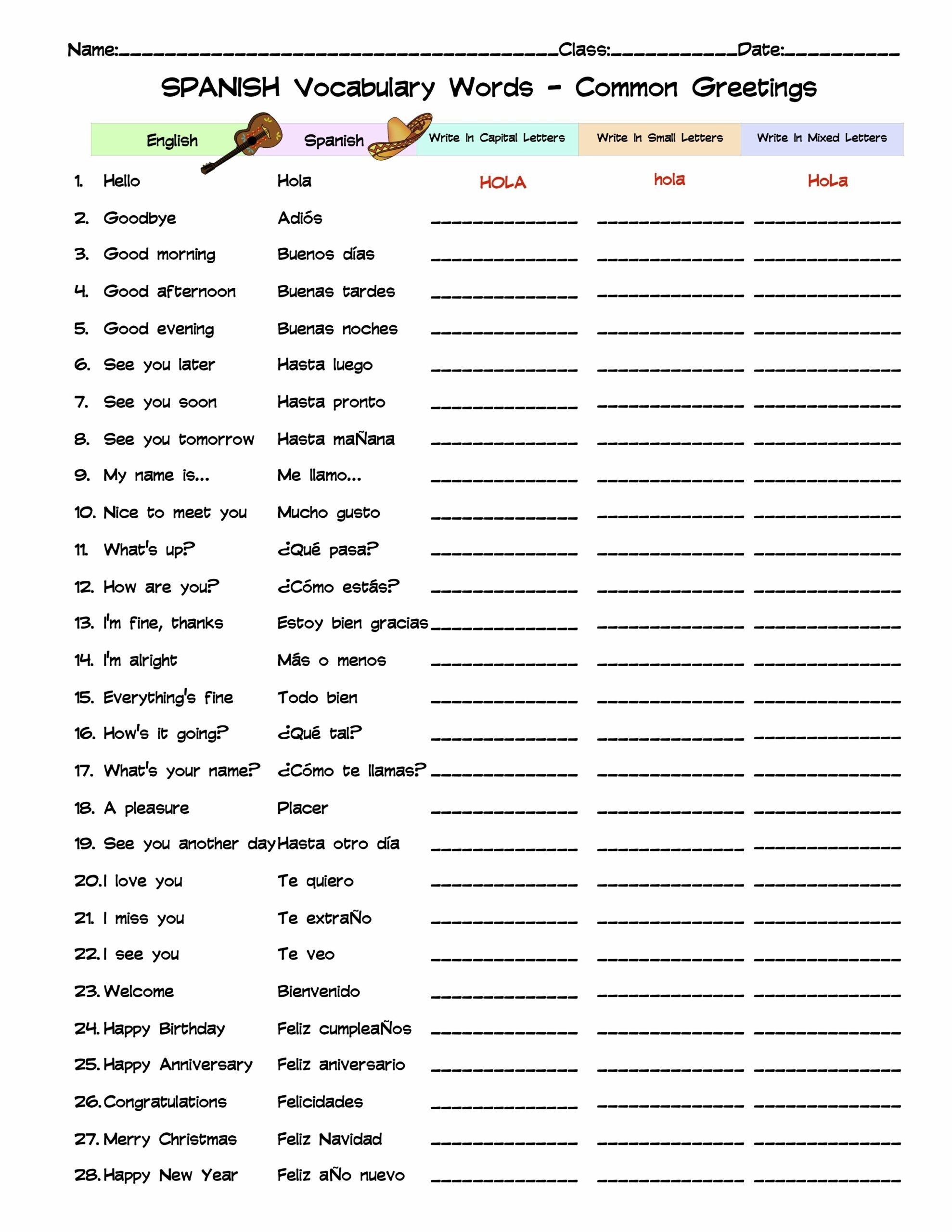 Spanish Common Greetings Vocabulary Word List Column Worksheet 