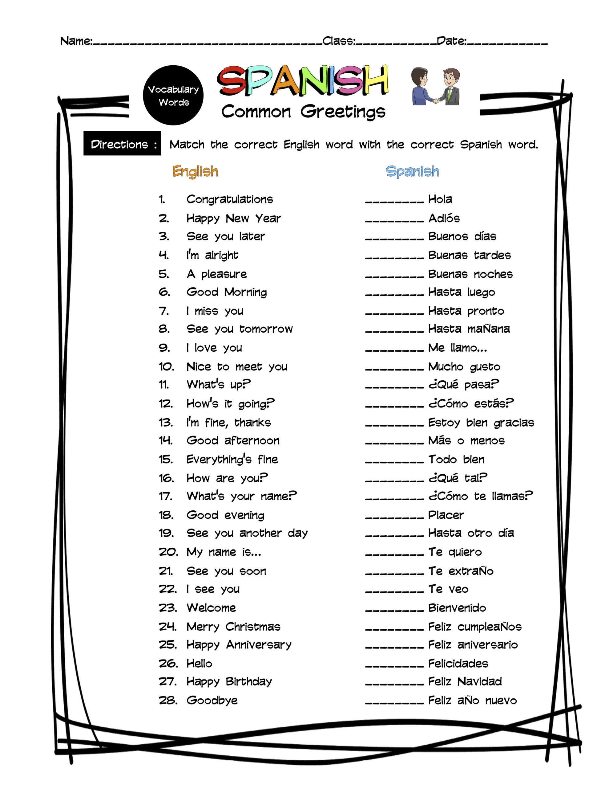 Spanish Greetings Vocabulary Matching Worksheet U0026 Answer Key 