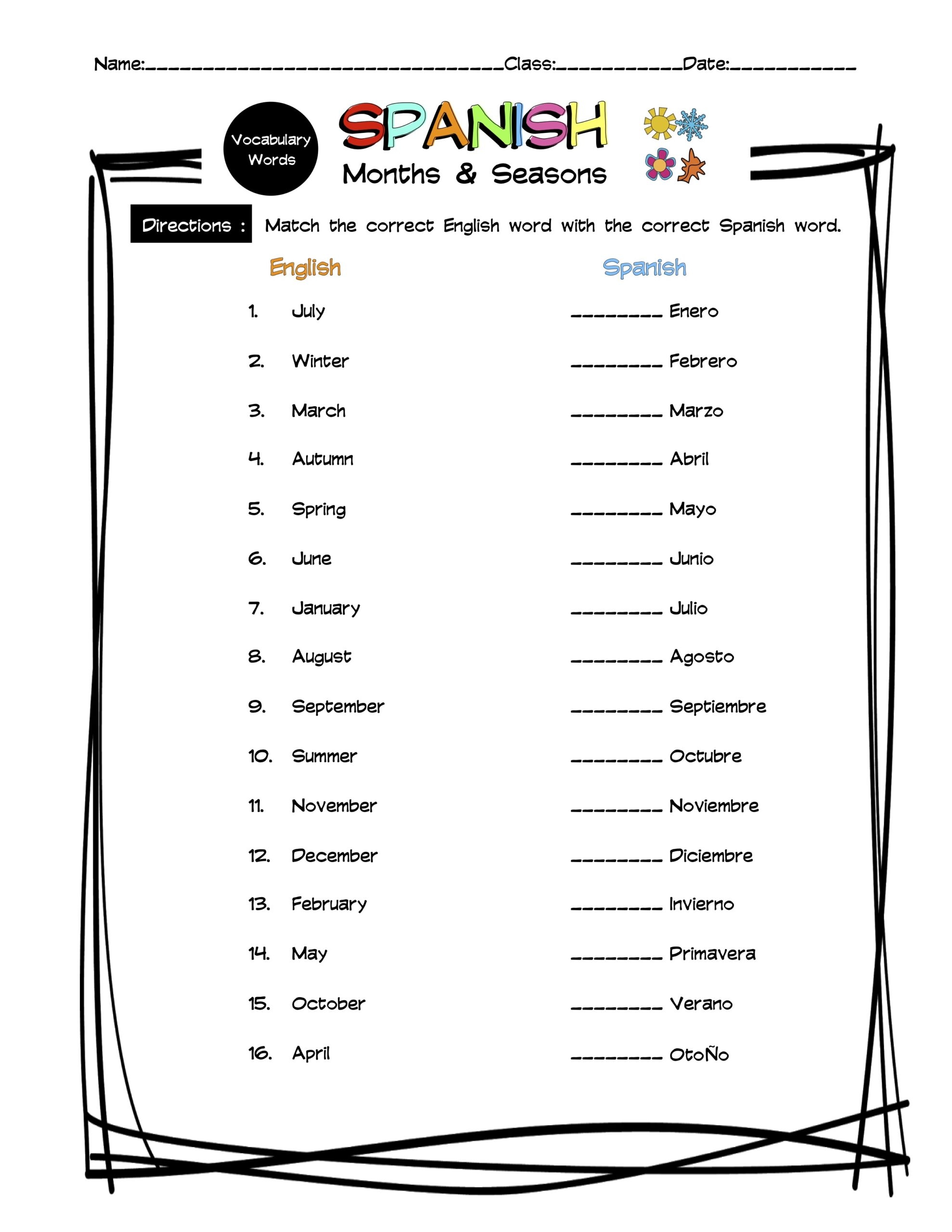 Spanish Months U0026 Seasons Vocabulary Matching Worksheet U0026 Answer Key