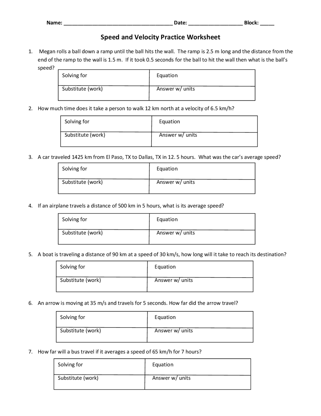 Speed And Velocity Practice Worksheet Lecture Notes Physics Worksheets Library