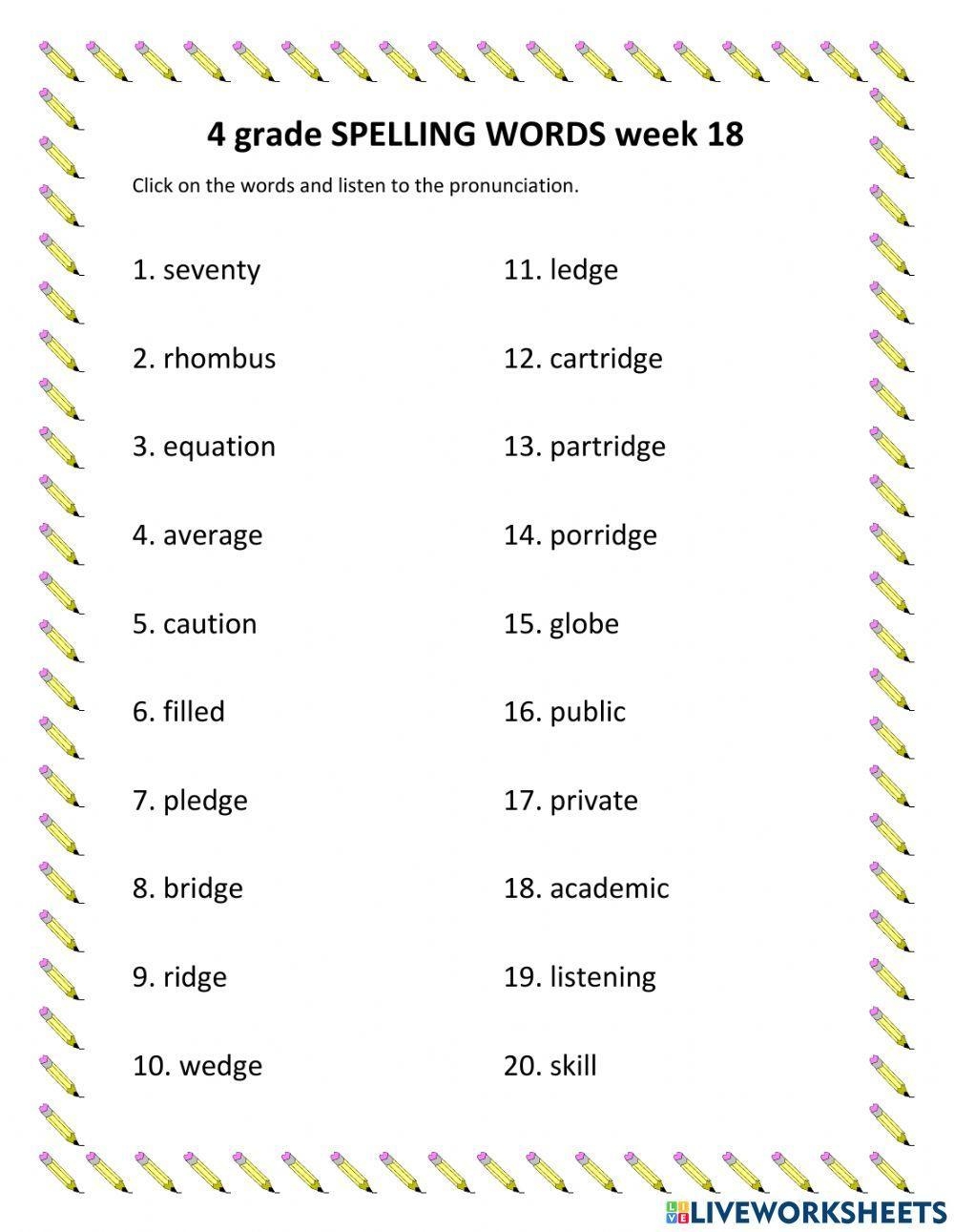 4th grade spelling words worksheets