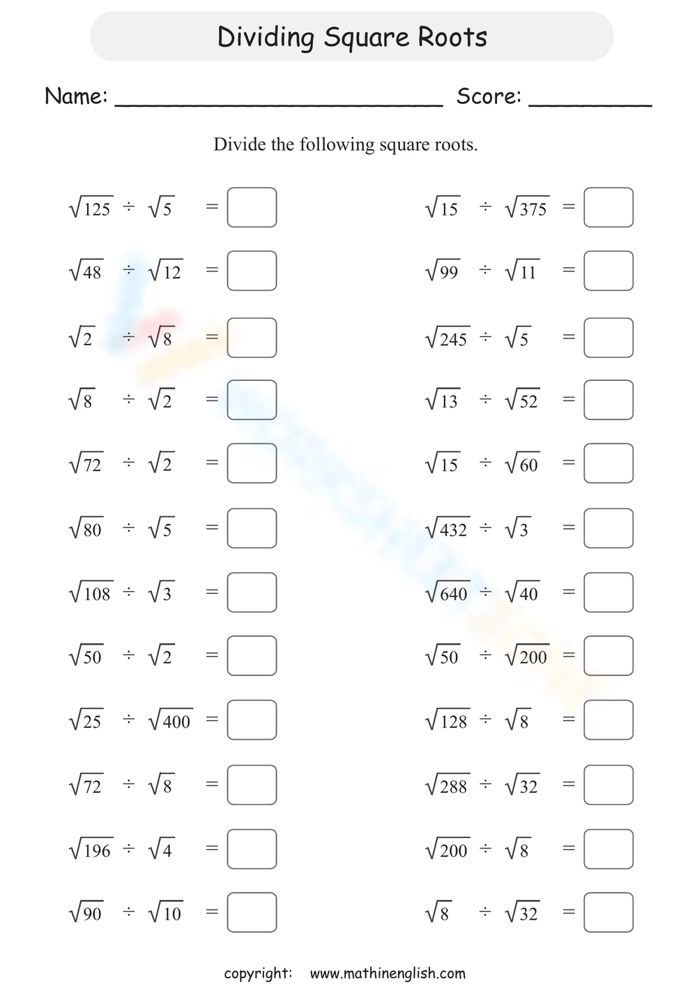 Square Roots Worksheets