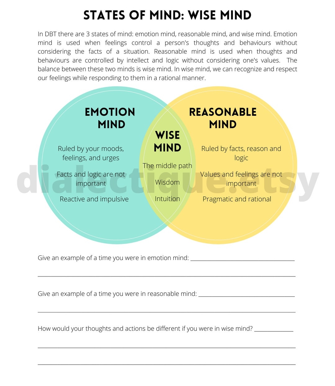 States Of Mind Wise Mind Worksheet Etsy