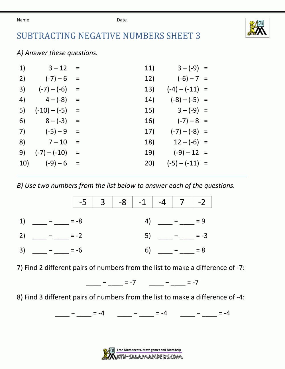 adding and subtracting negatives worksheet